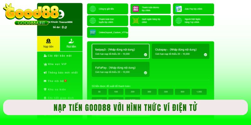 Nạp tiền Good88 với hình thức ví điện tử